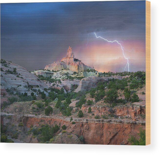 00563967 Wood Print featuring the photograph Lightning At Church Rock, Red Rock State Park, New Mexico by Tim Fitzharris