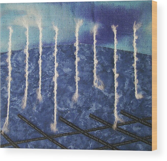 Abstract Art Quilt Water Fountain Wood Print featuring the tapestry - textile Lines of Text by Pam Geisel