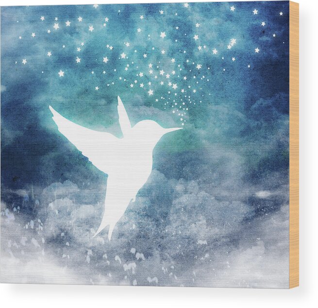 Hummingbird Wood Print featuring the digital art Magical, Whimsical Spirit Hummingbird Drinking Stars by Laura Ostrowski