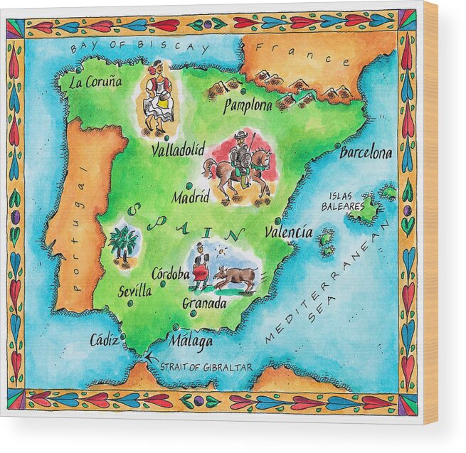 Watercolor Painting Wood Print featuring the digital art Map Of Spain by Jennifer Thermes