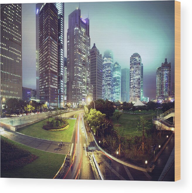 Outdoors Wood Print featuring the photograph Night Fog Over Shanghai Cityscape by Blackstation