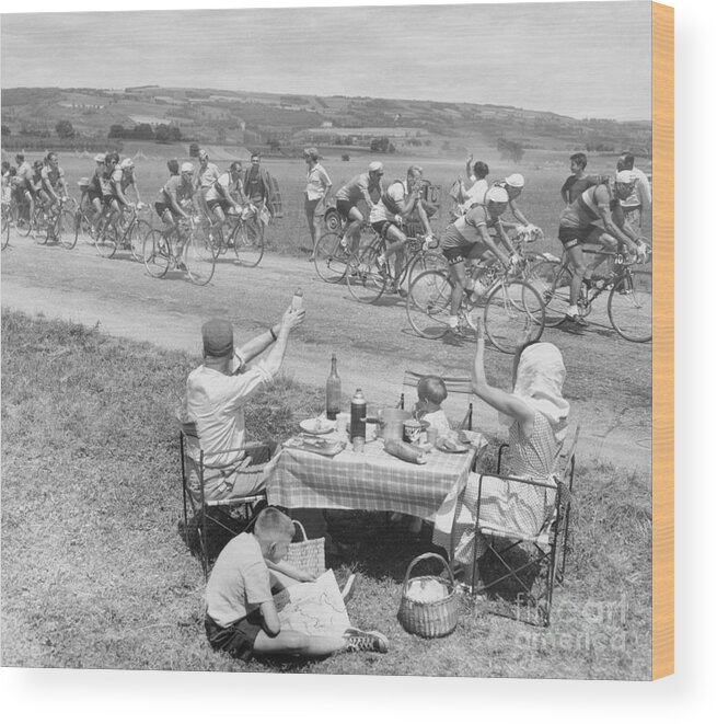 Child Wood Print featuring the photograph Picnicking Family Greets Tour De France by Bettmann