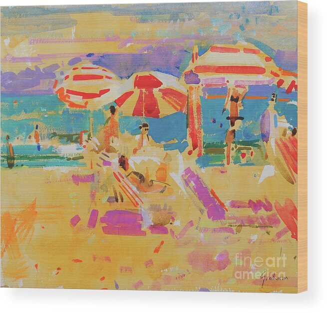 Red Parasols Wood Print featuring the painting Red Parasols, Miami by Peter Graham