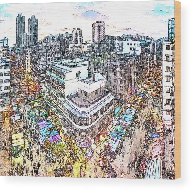 Cityscape Wood Print featuring the drawing Sham Shui Po District, Kowloon, Hong Kong by Dean Wittle