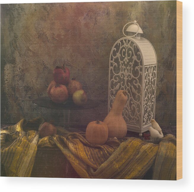 Lamp Wood Print featuring the photograph Still Life A Lamp And Pumpkins by Ustinagreen