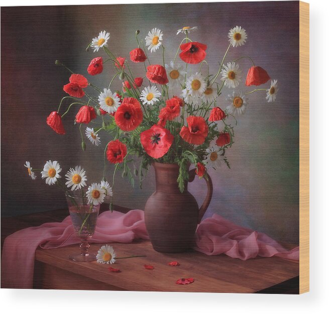 Daisy Wood Print featuring the photograph Still Life With A Bouquet Of Poppies And Chamomile by ??????? ????????