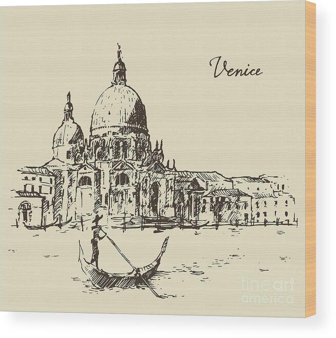 Engraving Wood Print featuring the digital art Streets Venice Italy With Gondola by Thedafkish