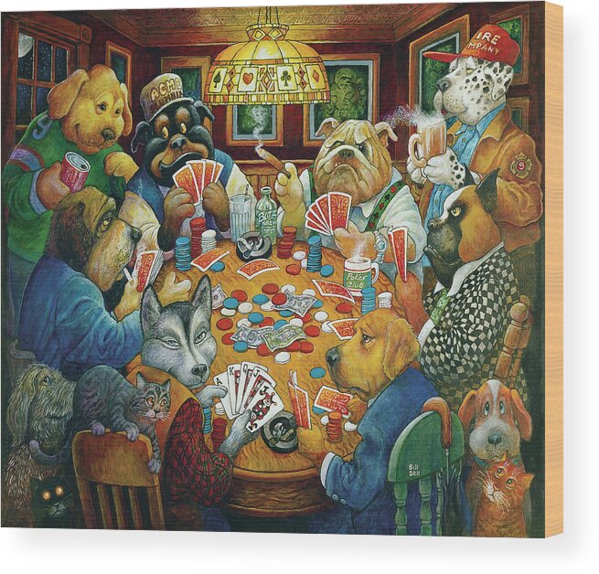 The Poker Club Wood Print featuring the painting The Poker Club by Bill Bell
