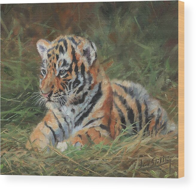 Tiger Wood Print featuring the painting Tiger Cub in Grass by David Stribbling