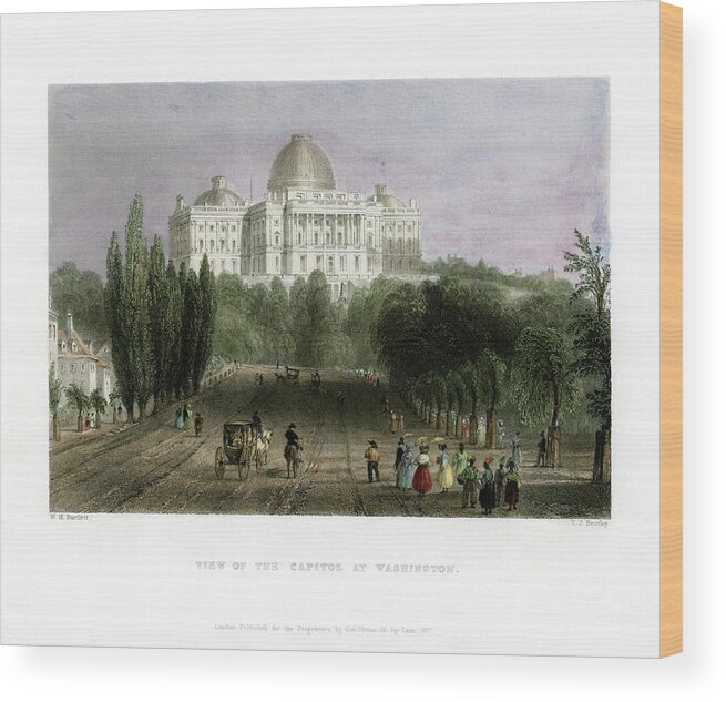 Engraving Wood Print featuring the drawing View Of The Capitol At Washington, Usa by Print Collector