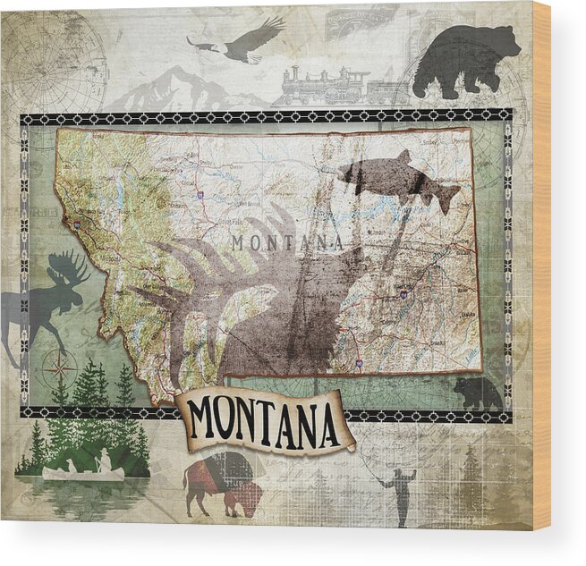 Vintage State Montana Wood Print featuring the mixed media Vintage State Montana by Lightboxjournal