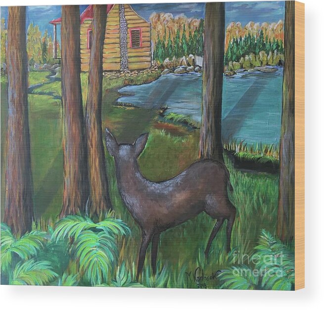 Landscape Wood Print featuring the painting Visitor from woods by Maria Karlosak