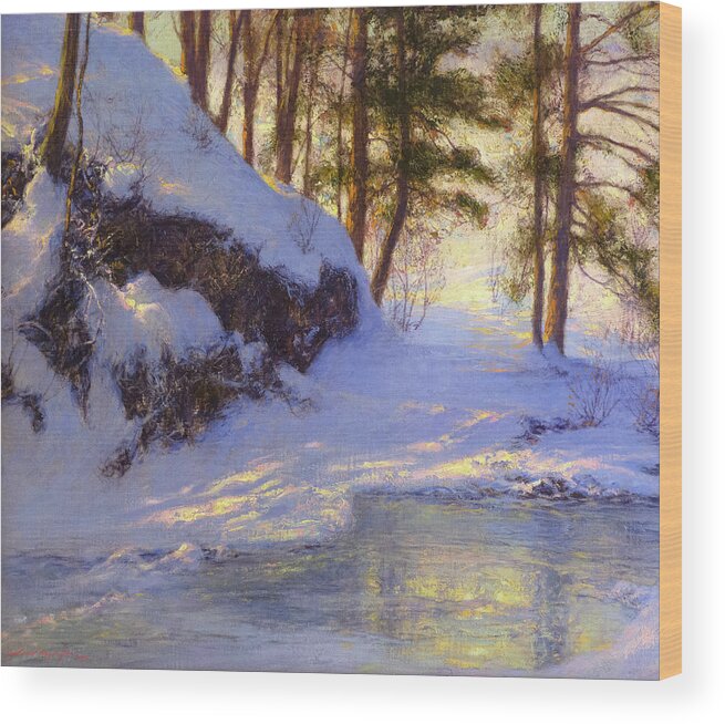 Snow Wood Print featuring the painting Winter Pond by David Lloyd Glover
