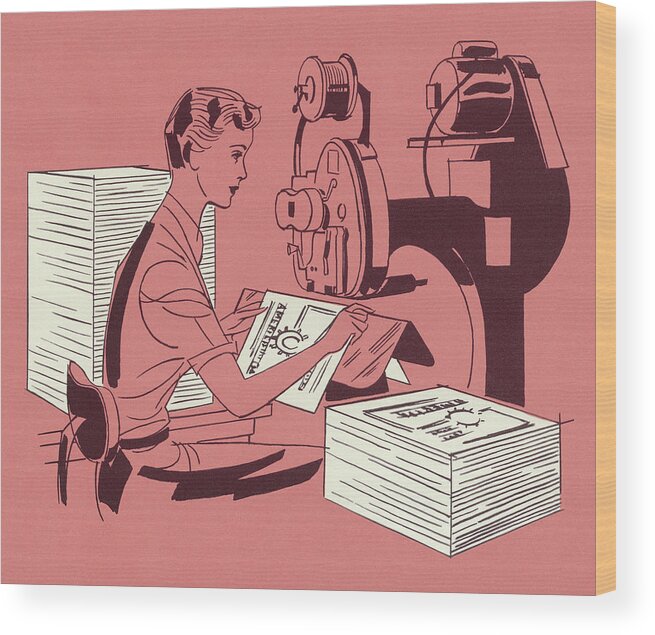 Adult Wood Print featuring the drawing Woman Using Saddle Stitch Stapler by CSA Images