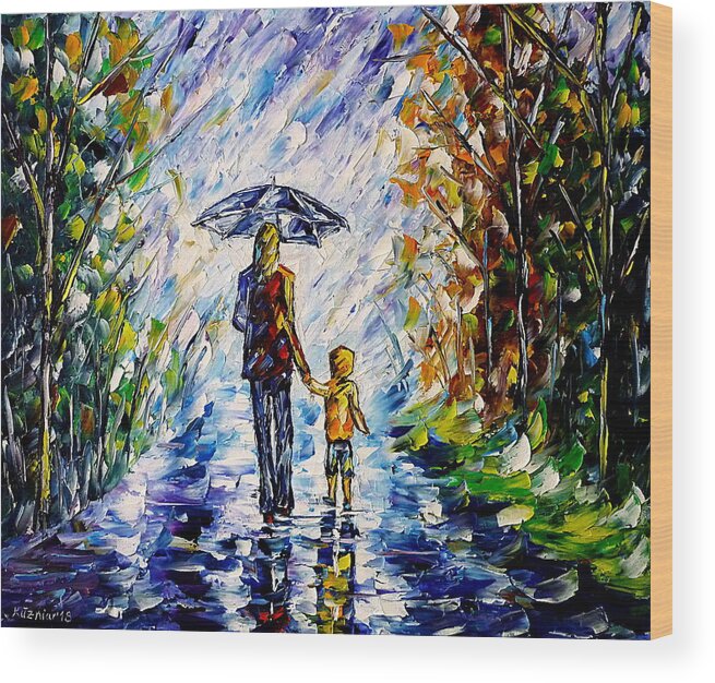 Mother And Child Wood Print featuring the painting Woman With Child In The Rain by Mirek Kuzniar