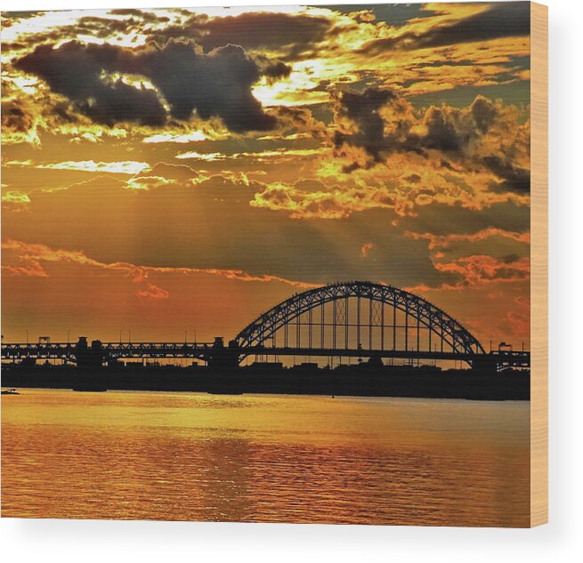 Sunset Wood Print featuring the photograph Autumn Sunset Behind Tacony-Palmyra Bridge on the Delaware by Linda Stern