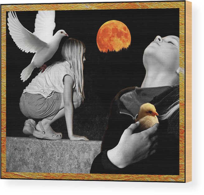 Harvest Moon Wood Print featuring the mixed media Bird Moon by Lorena Cassady