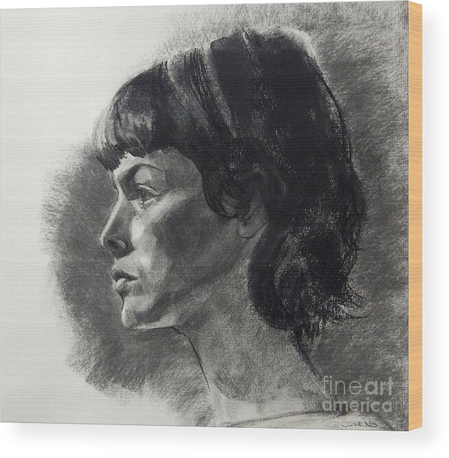 Greta Corens Wood Print featuring the painting Charcoal Portrait of a Young Woman by Greta Corens
