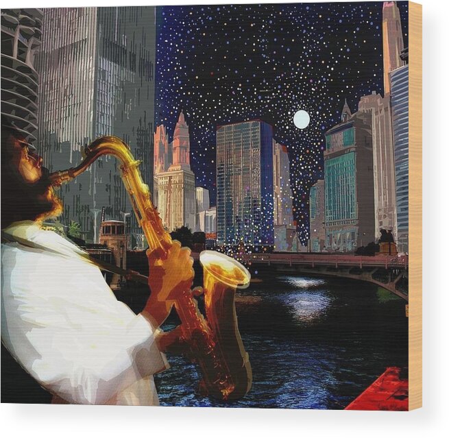 Saxophone Wood Print featuring the digital art Chi Town Sax by Joe Roache