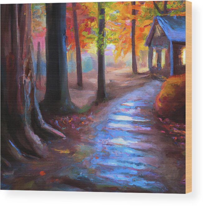 Cabin Wood Print featuring the digital art Coming Home to a Cozy Cabin by Alison Frank
