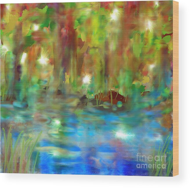  Wood Print featuring the painting Fireflies on the Riverbank by Shirley Moravec