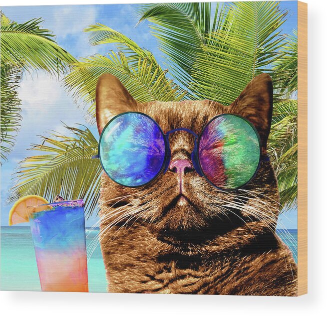 Cat Wood Print featuring the mixed media Funny Cat on Beach 675 by Lucie Dumas