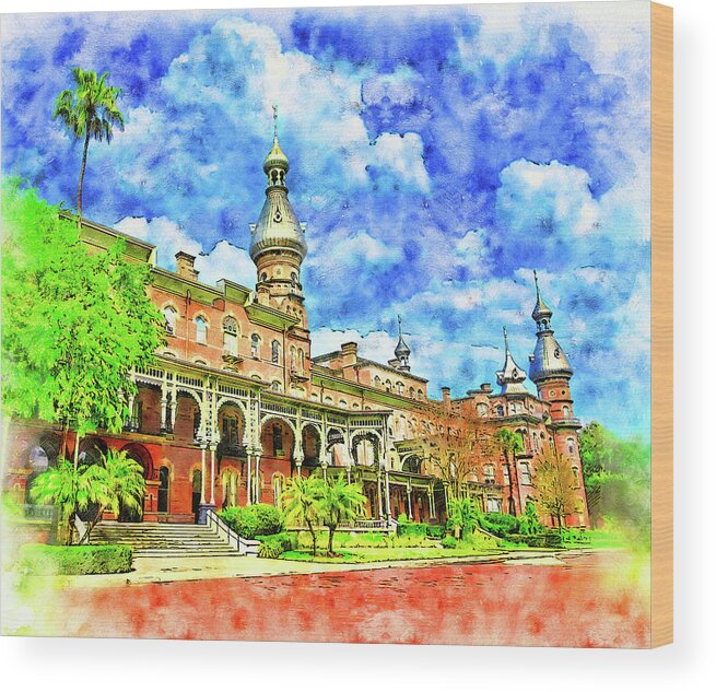 Henry B. Plant Museum Wood Print featuring the digital art Henry B. Plant Museum in Tampa, Florida - pen and watercolor by Nicko Prints