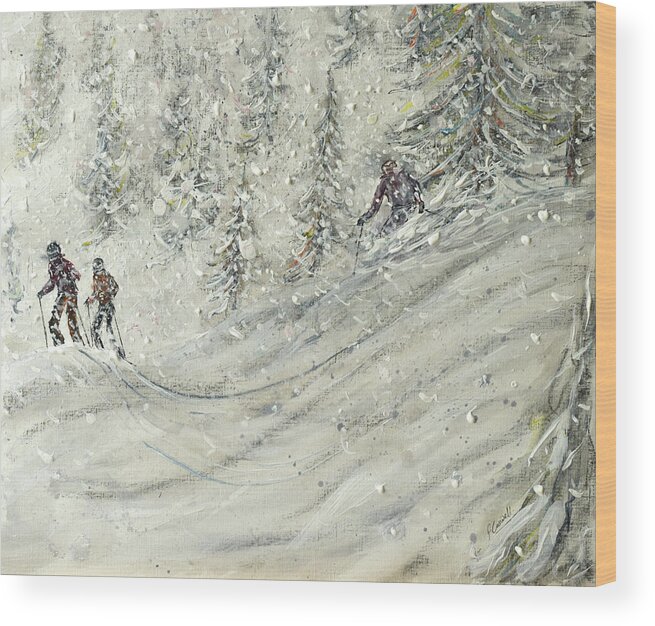Ischgl Wood Print featuring the painting In the Wooded Powder Ski Print and Ski Poster by Pete Caswell