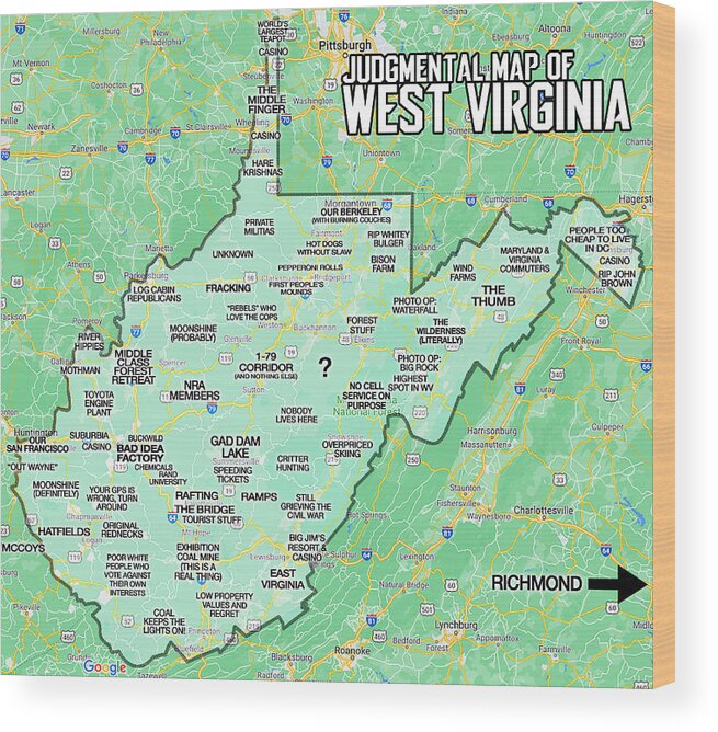 Judgmental Map Wood Print featuring the digital art Judgmental Map of West Virginia by Aaron-Michael Fox