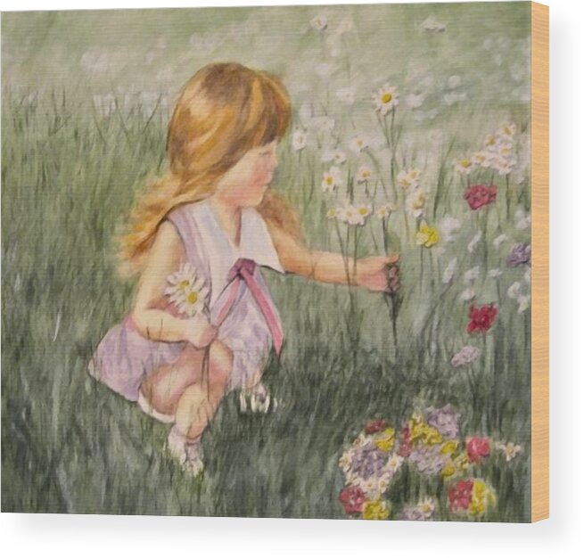 Little Girl Painting Wood Print featuring the mixed media Little Girl Picking Flowers by Kelly Mills