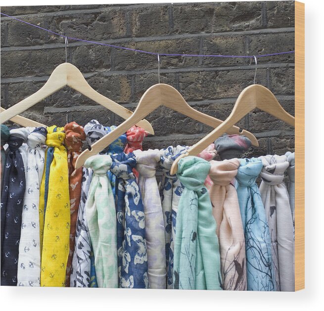 Coathanger Wood Print featuring the photograph Multi coloured scarves for sale on hangers by Lyn Holly Coorg