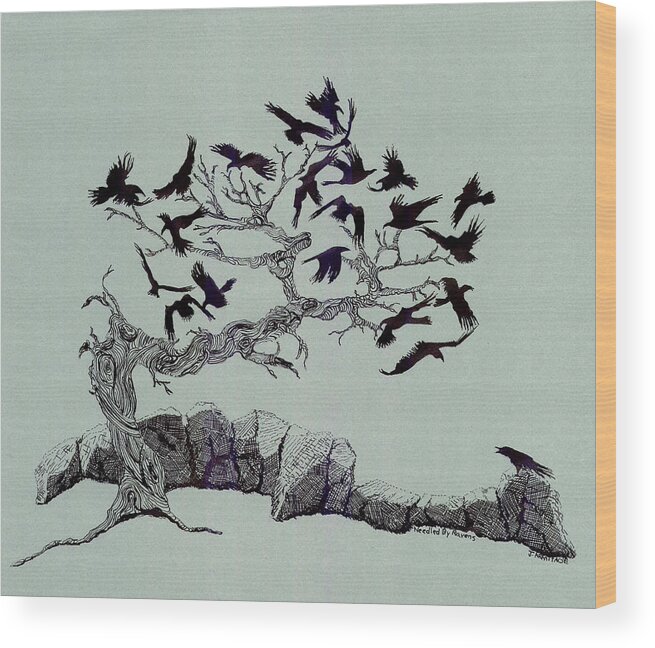 Raven Wood Print featuring the painting Needled by Ravens by Jenny Armitage