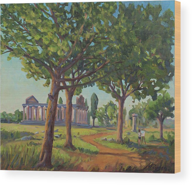 Paestum Wood Print featuring the painting Panting the old temples by Marco Busoni