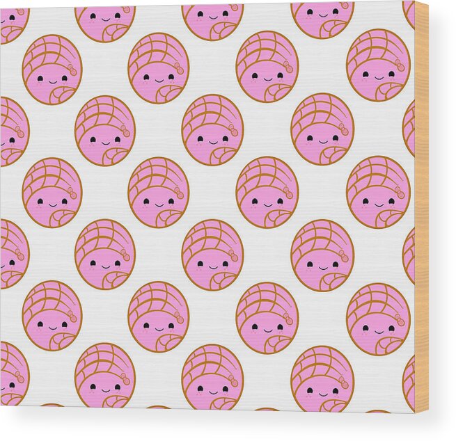 Dia De Los Muertos Wood Print featuring the digital art Pink Chibi Concha Pan Dulce Pattern by Ivan Florentino Ramirez