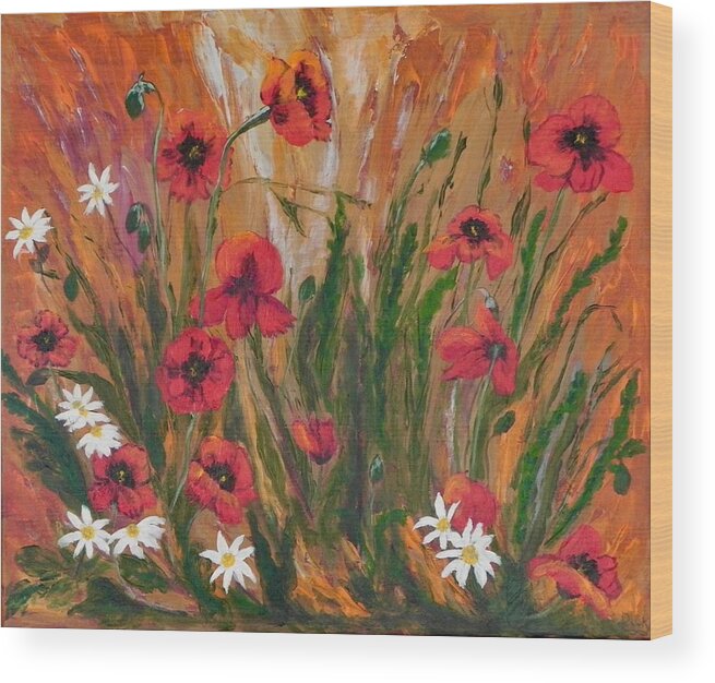 Red Poppies Wood Print featuring the painting Poppies and Daisies by Erika Dick