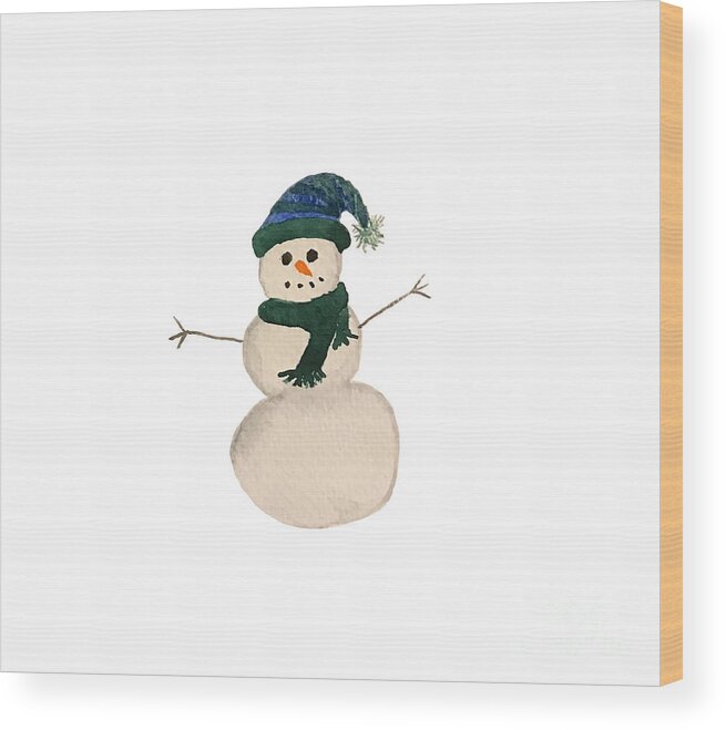 Snowman Wood Print featuring the painting Snowman with Tassel Hat by Lisa Neuman