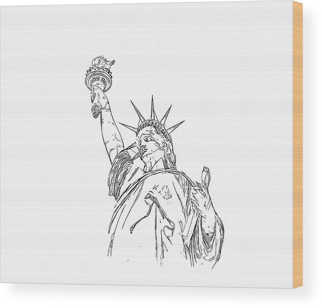 Architecture Wood Print featuring the digital art Statue of Liberty pencil sketch isolated on white background by Maria Kray