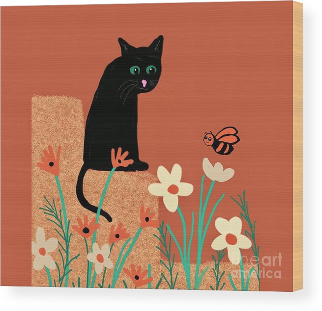 Cat Wood Print featuring the digital art The cat and the bumblebee by Elaine Hayward