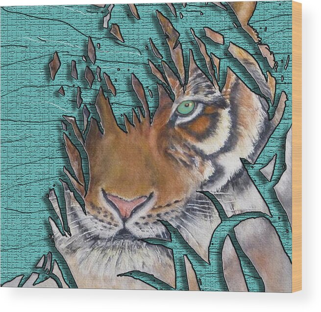 Lurking Tiger Wood Print featuring the mixed media Tiger's Gone to Pieces No.2 by Kelly Mills