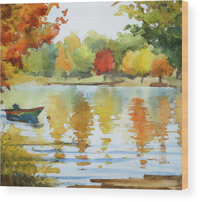 Fall Wood Print featuring the digital art Trees with Fall Colors at the Lake with a Rowboat by Alison Frank