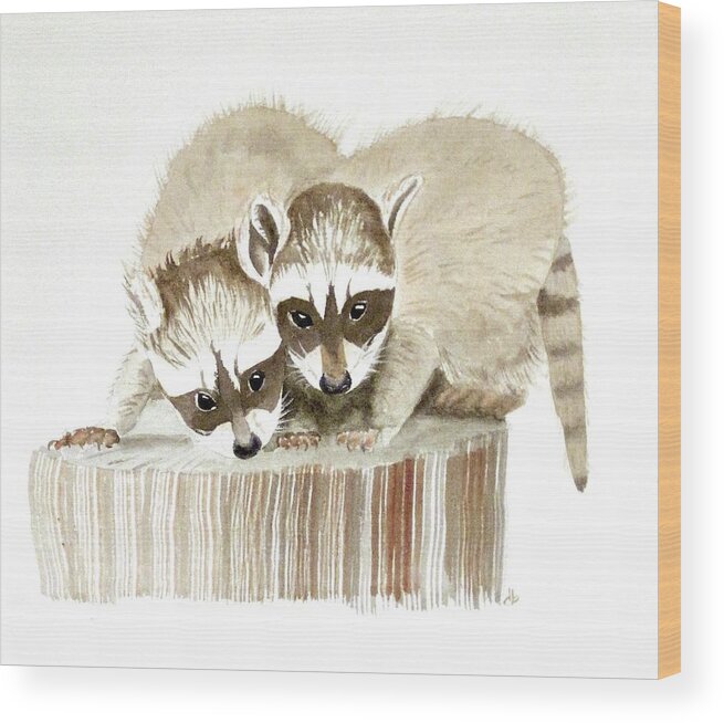 Racoon Wood Print featuring the painting Twins by Dominique Bachelet