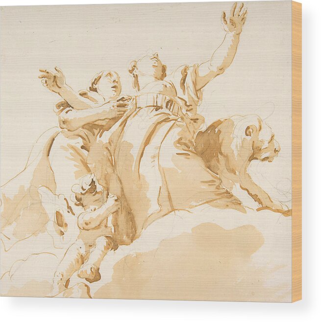 18th Century Art Wood Print featuring the drawing Two Women, a Lion, and a Putto on Clouds by Giovanni Battista Tiepolo