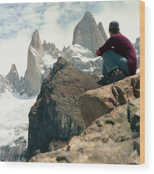 30-34 Years Wood Print featuring the photograph A Young Woman Gazes At Cerro Fitzroy #1 by Kari Medig