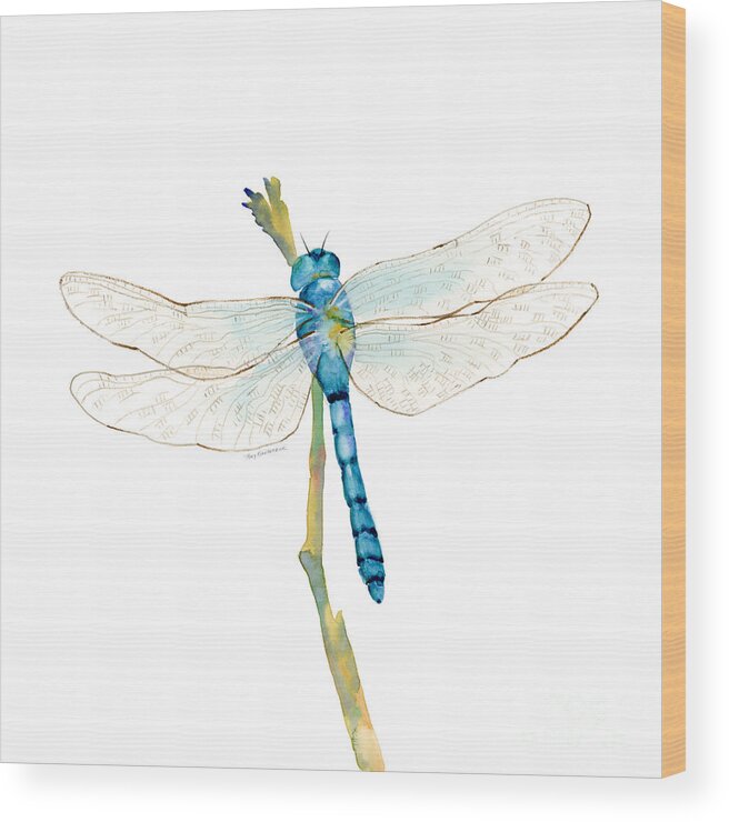 Blue Wood Print featuring the painting Blue Dragonfly by Amy Kirkpatrick