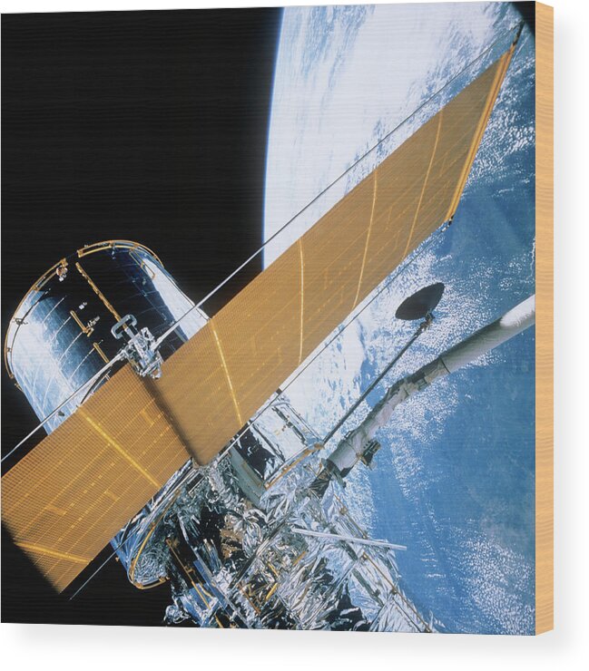 Hubble Space Telescope Wood Print featuring the photograph Deployment Of Hubble Space Telescope From Shuttle #1 by Nasa/science Photo Library