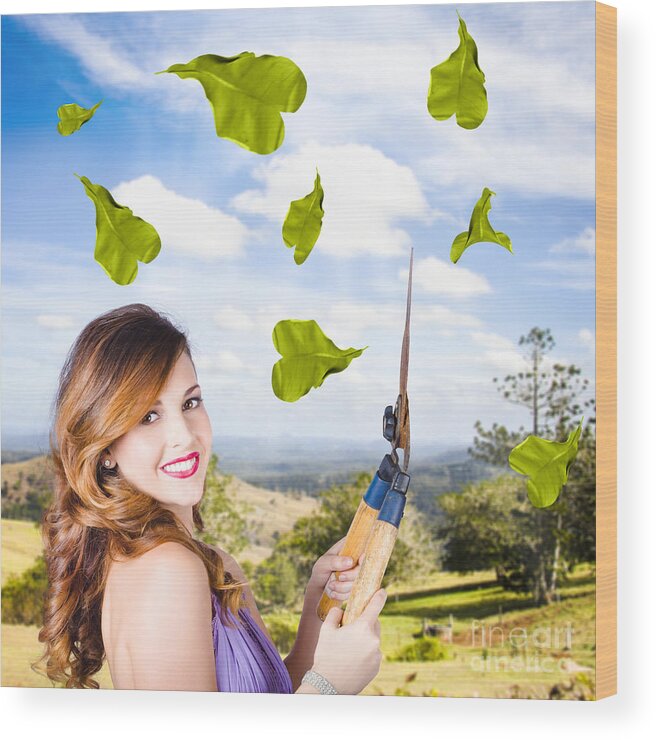 Gardening Wood Print featuring the photograph Elegant young woman with shears. Gardening love #1 by Jorgo Photography