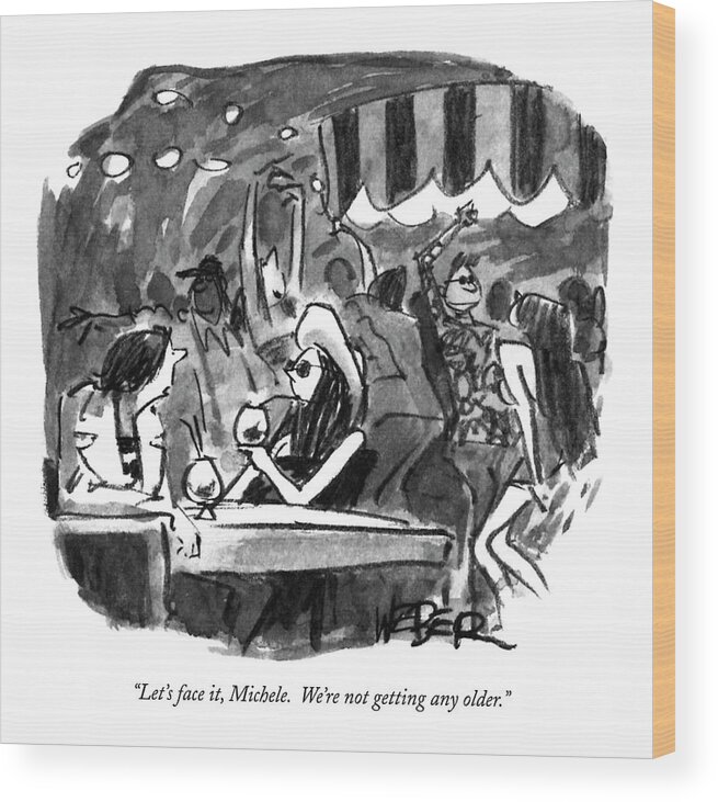 

 Teenage Boy Says To Teenage Girl As They Sip Drinks In A Nightclub. 
Youth Wood Print featuring the drawing Let's Face #1 by Robert Weber