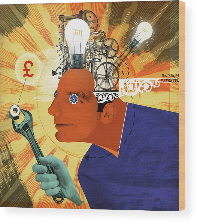 30-35 Wood Print featuring the photograph Light Bulbs And Cogs Inside Of Head #1 by Ikon Ikon Images