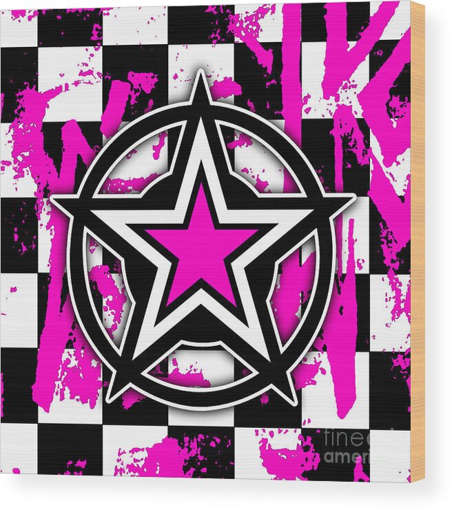 Pink Wood Print featuring the digital art Pink Star Checkerboard by Roseanne Jones
