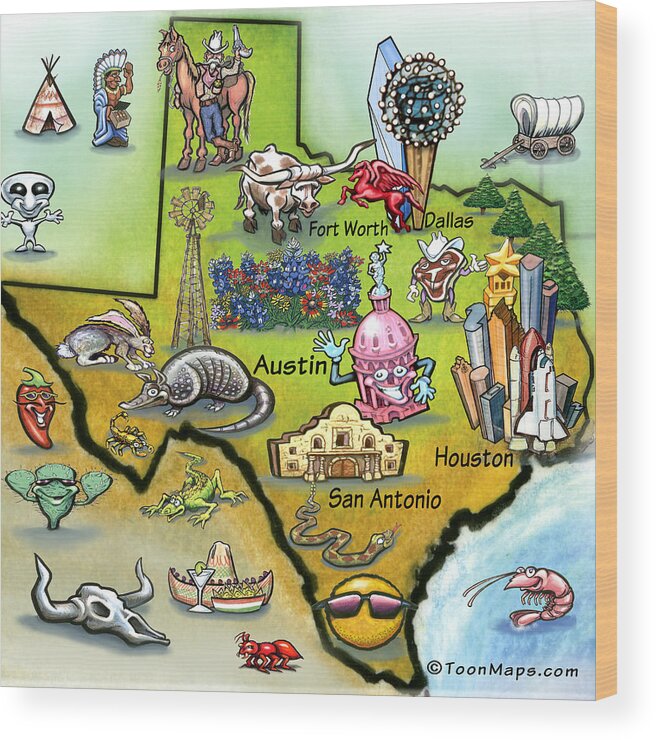 Texas Wood Print featuring the digital art Texas Cartoon Map #2 by Kevin Middleton